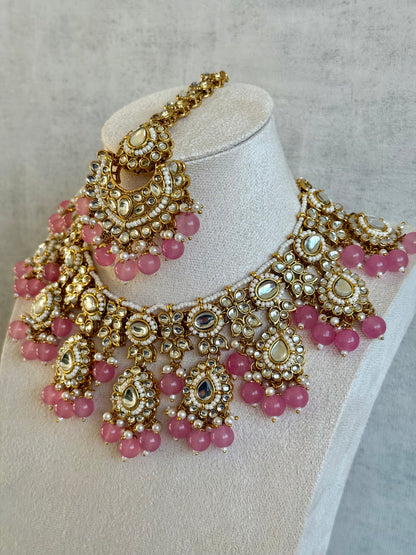 Ayura Designs Iyla Set with Necklace, Earrings & Tikka – Kundan Detailing, Ivory Pearl Drops & Soft Pink Beads