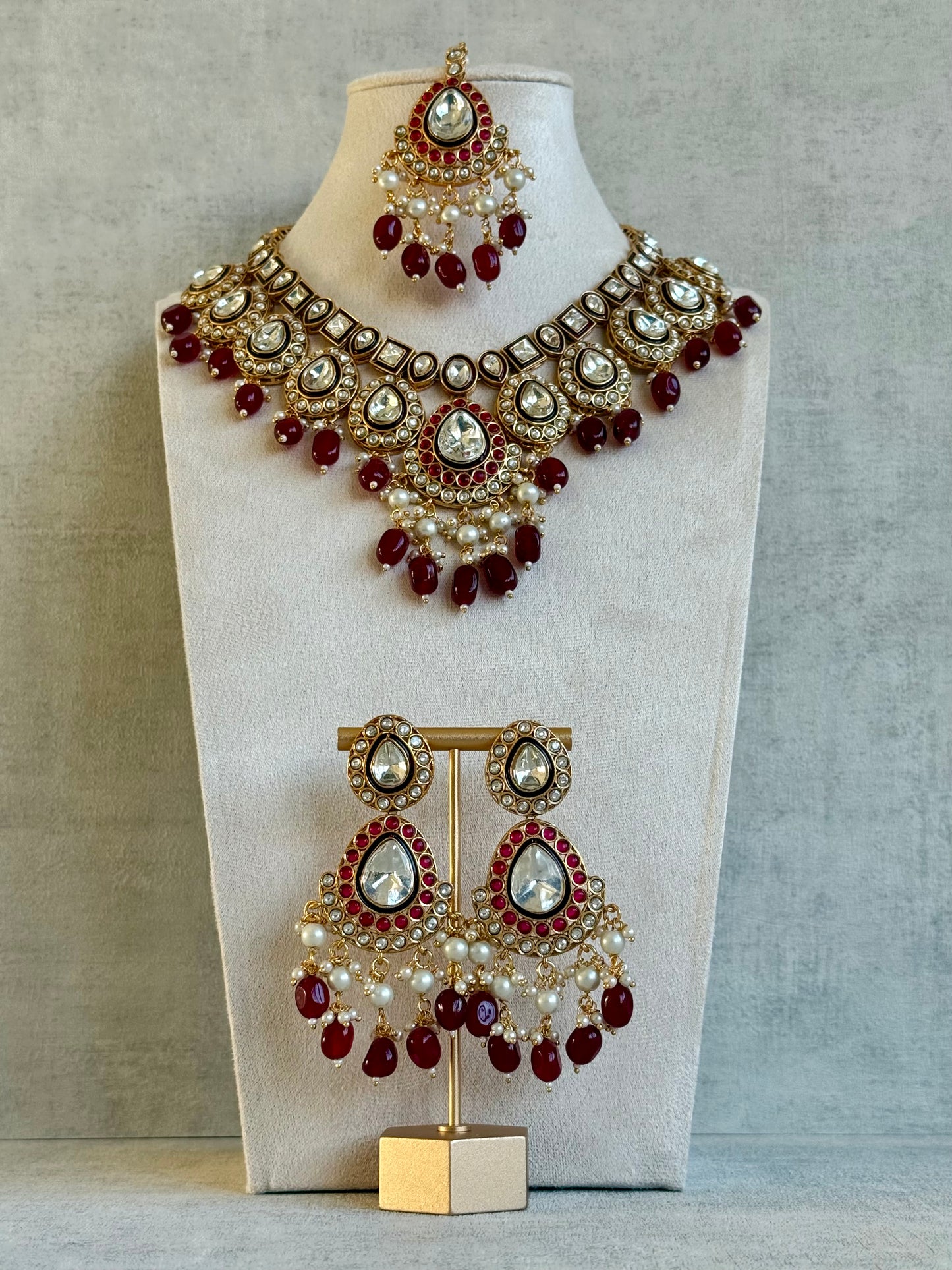 Ayura Designs Ishyat Set with Necklace, Earrings & Tikka – Kundan Detailing, Ruby Red Drops & Ivory Pearls