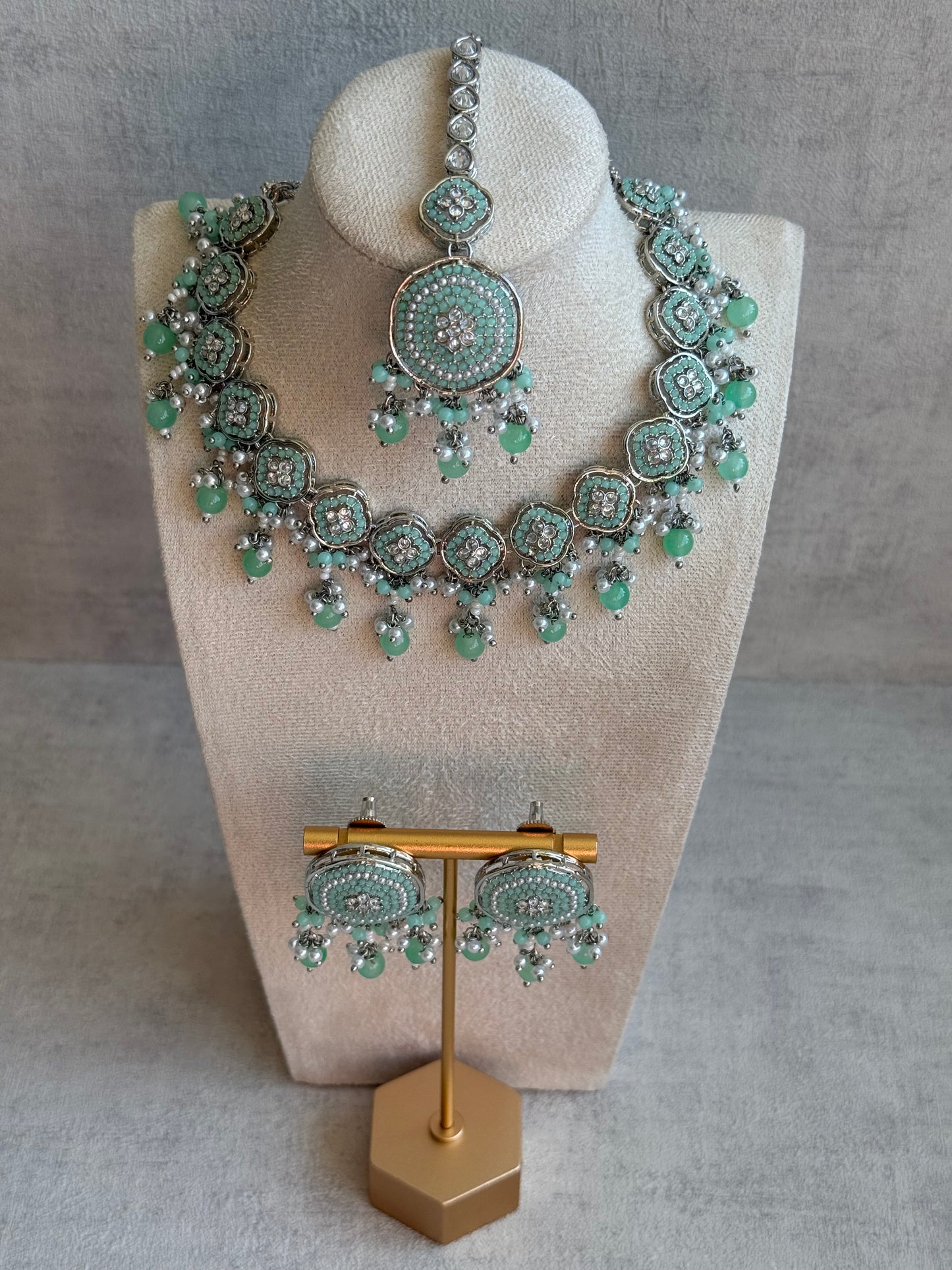 Ayura Designs Nomal Set with Earrings & Tikka – Mint Green Beads, Pearl Detailing & Silver Finish