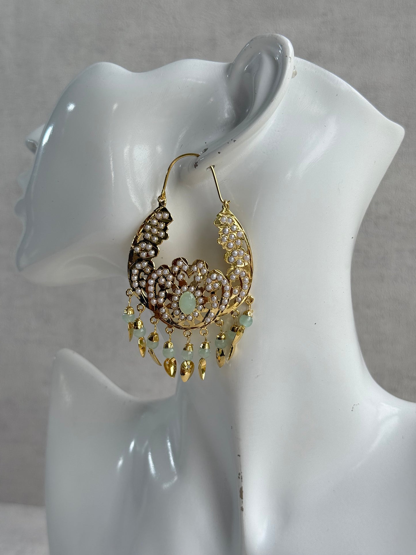 Ayura Designs Nimrat Balis – Mint Green & Ivory Pearls with Pippal Patti & Gold Finish