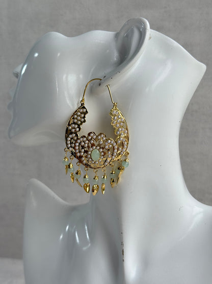 Ayura Designs Nimrat Balis – Mint Green & Ivory Pearls with Pippal Patti & Gold Finish