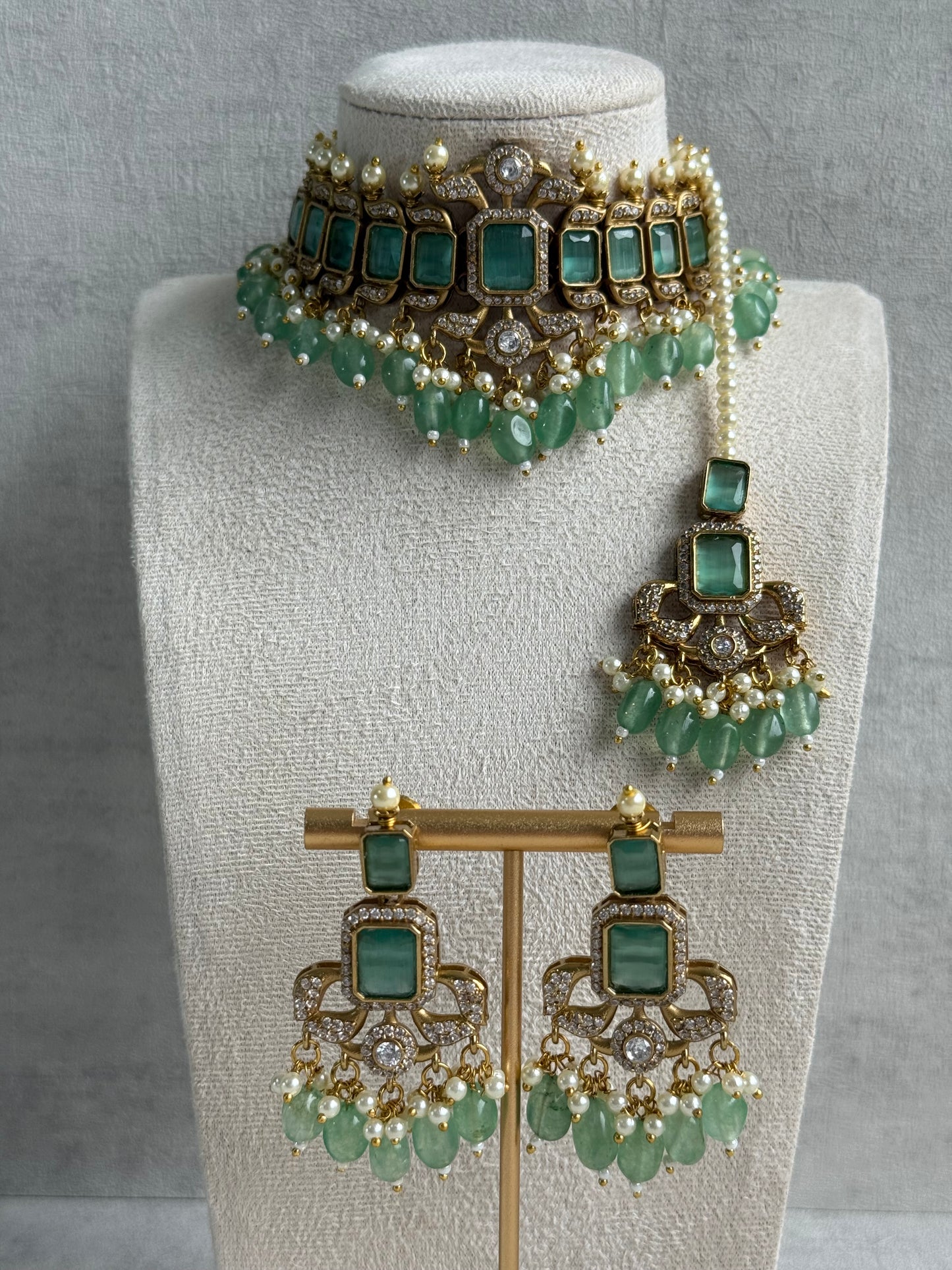 Ayura Designs Esme Set – Antique Gold Choker with Mint Green Stones, Pearls & Crystal Detailing
