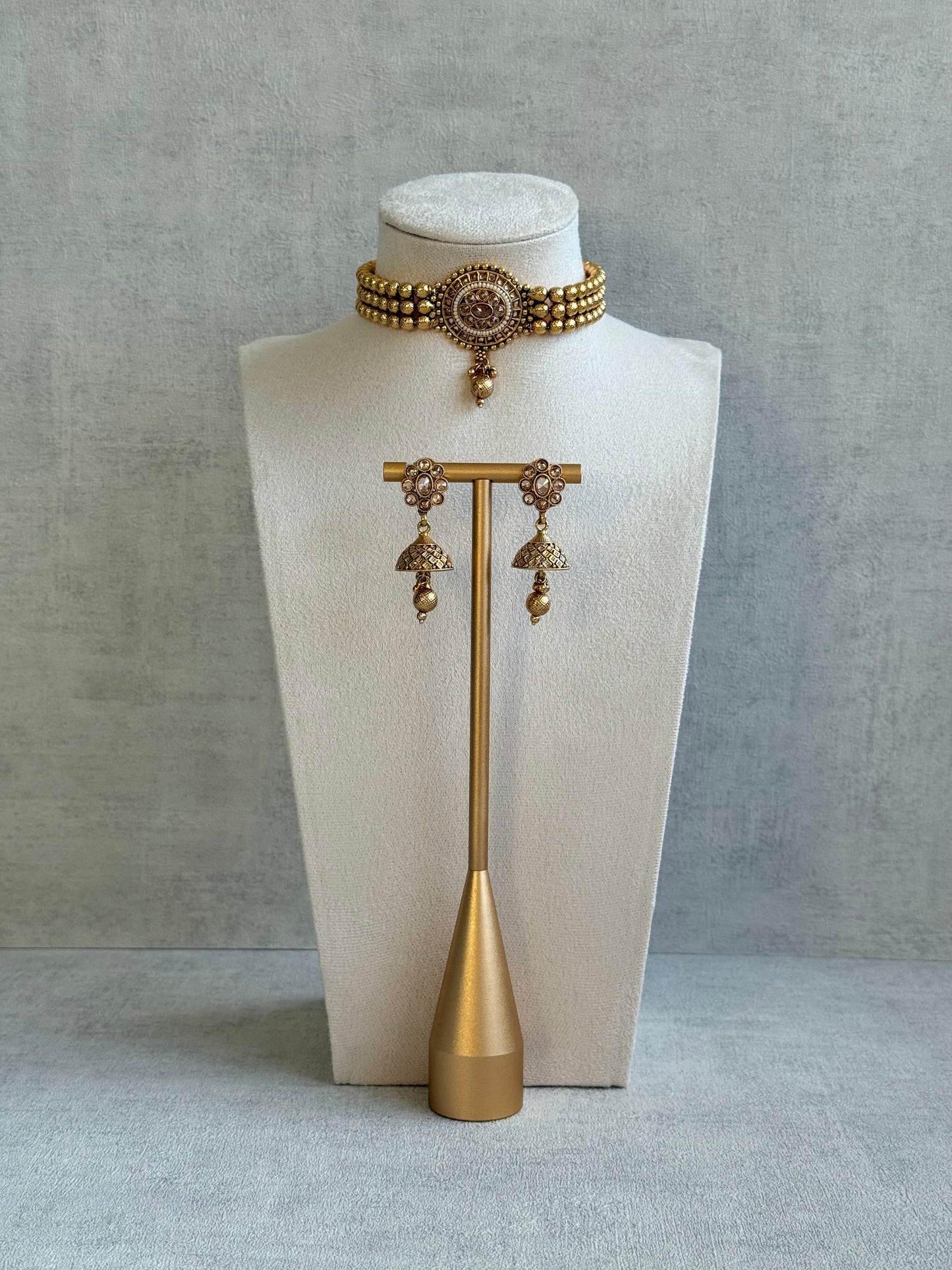 Ayura Designs Kavish Choker Set – Antique Gold Choker with Jhumkis in Champagne Stones & Pearl Detailing