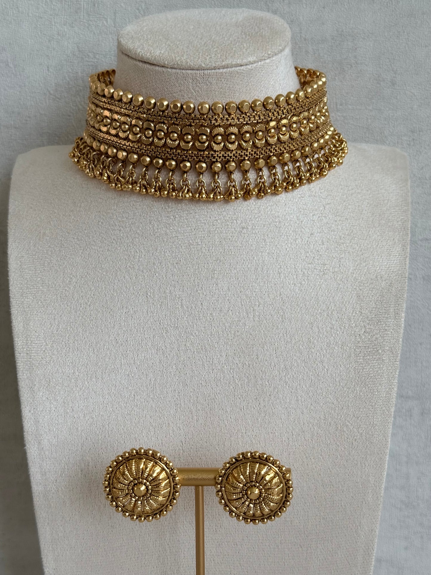 Ayura Designs Tavnoor Choker Set with Stud Earrings – Antique Gold Statement Choker with Traditional Bead Detailing