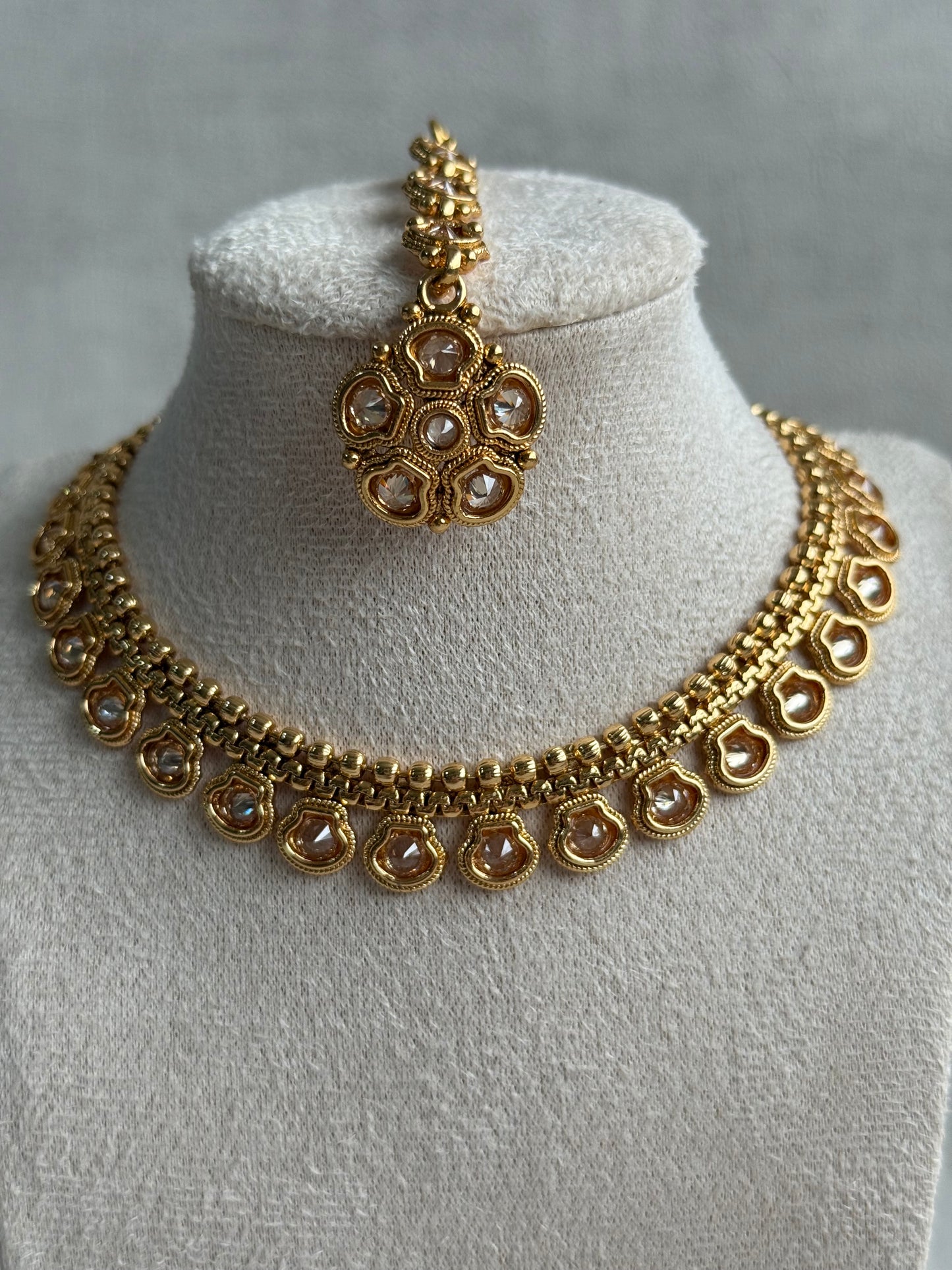 Ayura Designs Amala Set with Necklace, Studs & Tikka – Mirror-Cut Stones in Antique Gold Finish