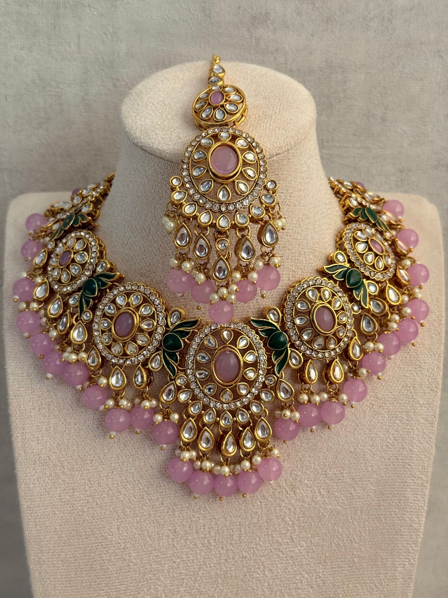 Ayura Designs Zara Set with Necklace, Earrings, Tikka & Passa – Antique Gold with Kundan Detailing & Lilac Stones & Beads