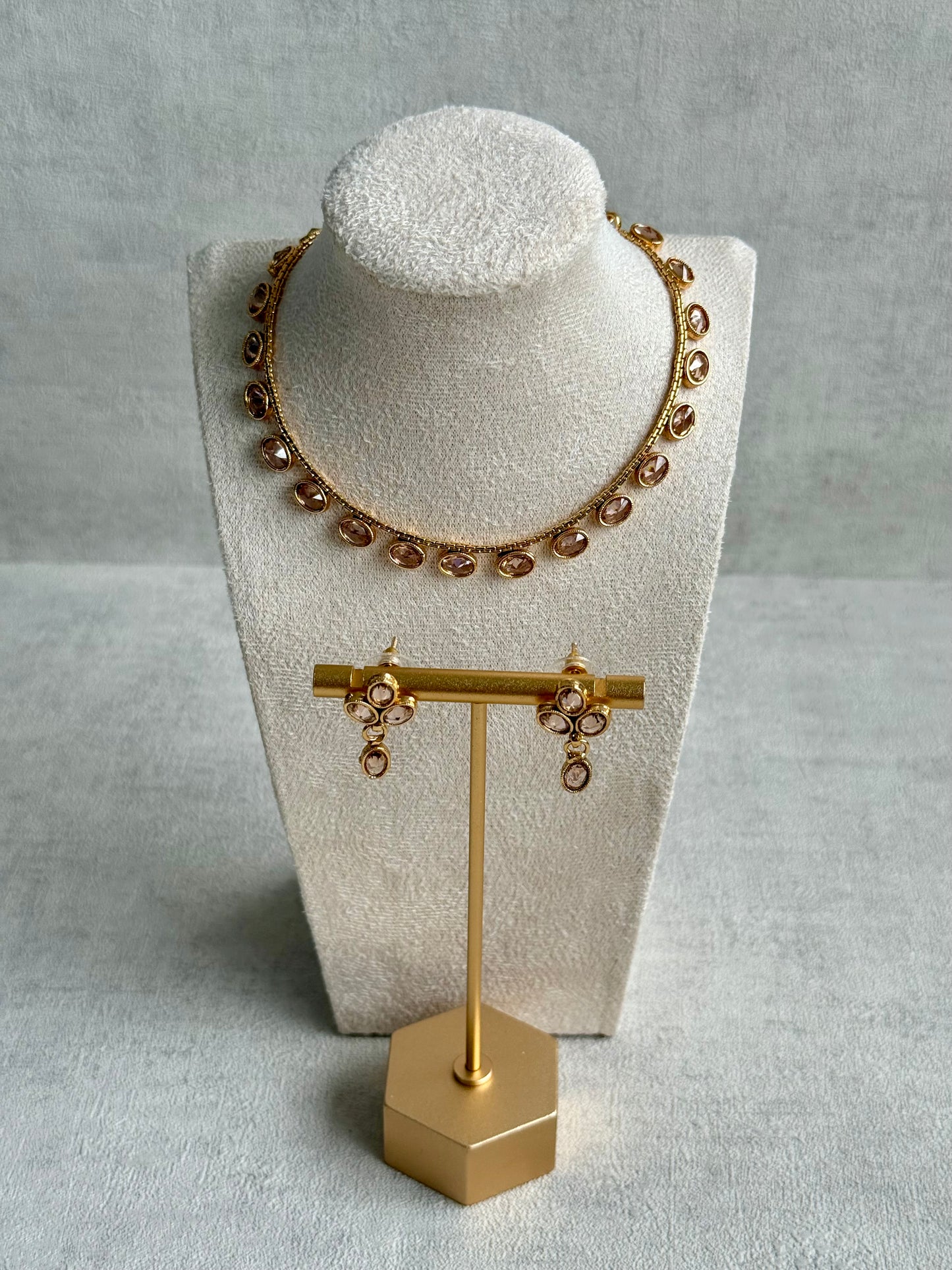 Ayura Designs Dhruvika Set – Necklace & Earrings with Champagne-Toned Stones & Antique Gold Finish