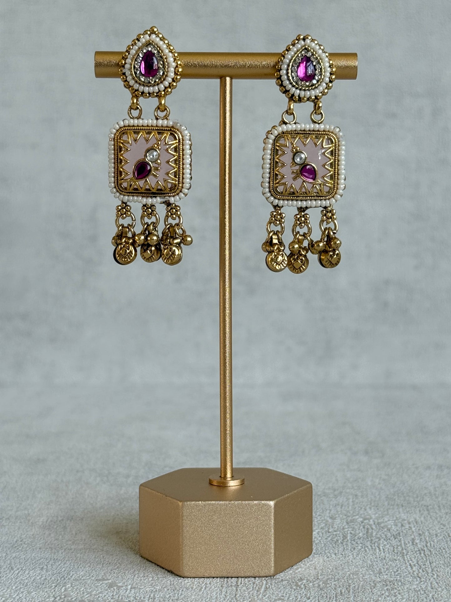 Ayura Designs Inira Drop Earrings – Blush Pink Enamel Bird Earrings with Rani Pink Kundan & Ghungroo Drops