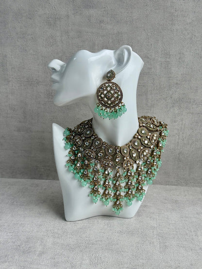 Ayura is Designs Tanya Bridal Set with Necklace, Earrings & Tikka – Pistachio Mint Beads, Mirror-Cut Stones and Antique Gold Finish