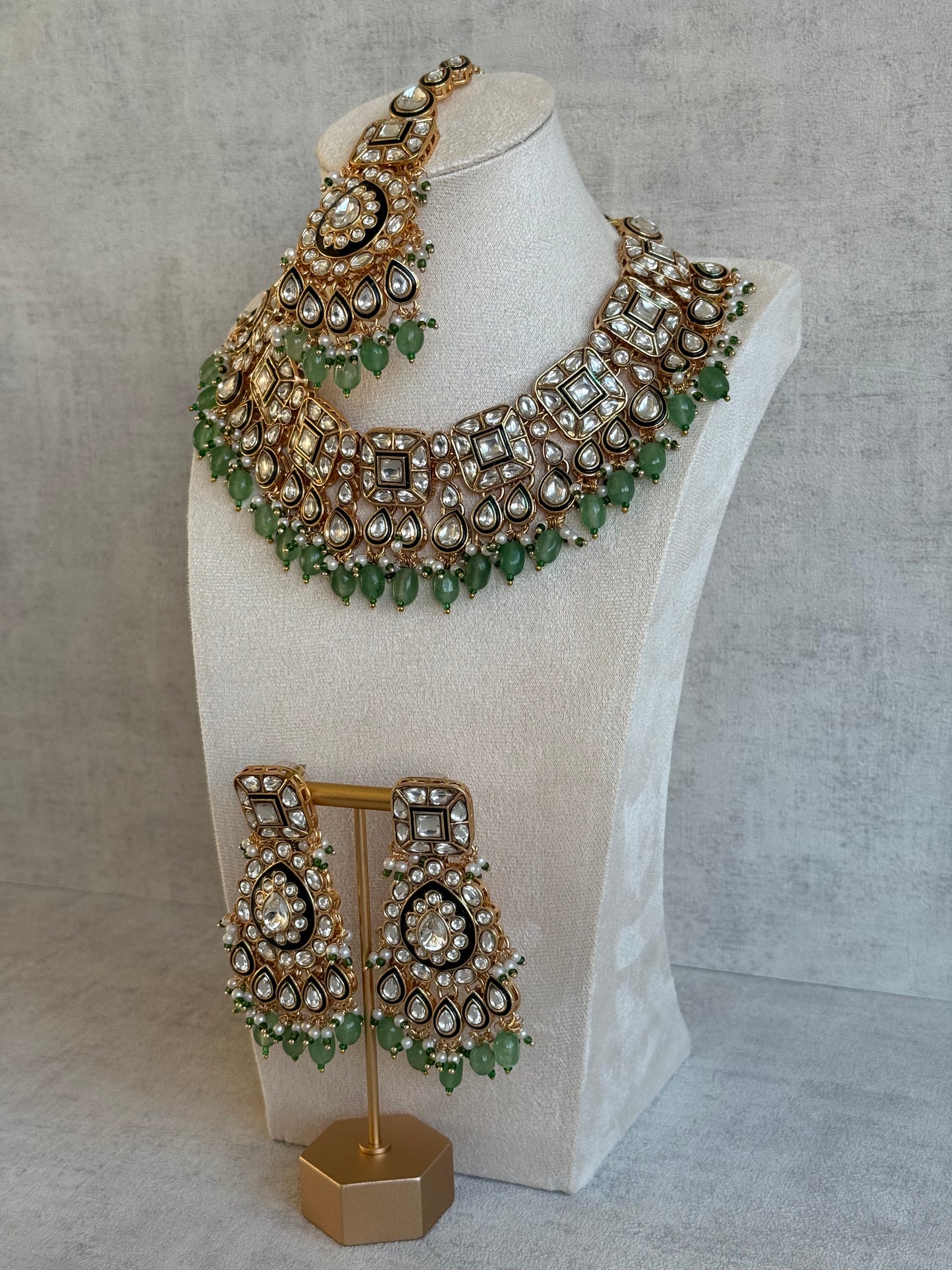 Ayura Designs Ishrat Set with Necklace, Earrings & Tikka – Kundan Detailing, Pearl Drops & Sage Green Beads