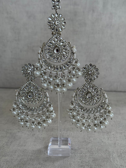 Ayura Designs Seher Tikka & Earrings Set – Radiant Silver with Luminous White Pearls