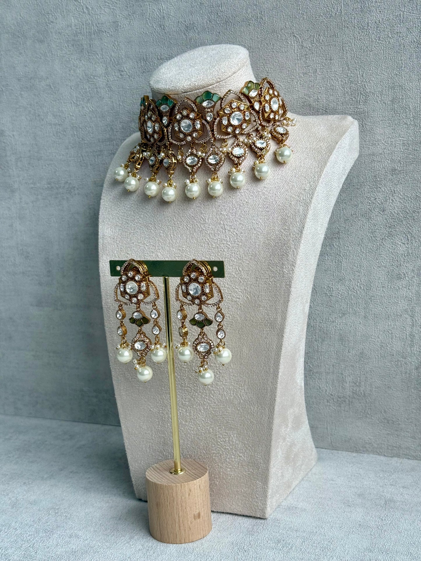 Ayura Designs Serina Choker Set with Earrings – Mint & Pistachio Enamel, Mirror-Cut Stones & Pearl Drops
