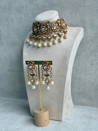 Ayura Designs Serina Choker Set with Earrings – Mint & Pistachio Enamel, Mirror-Cut Stones & Pearl Drops