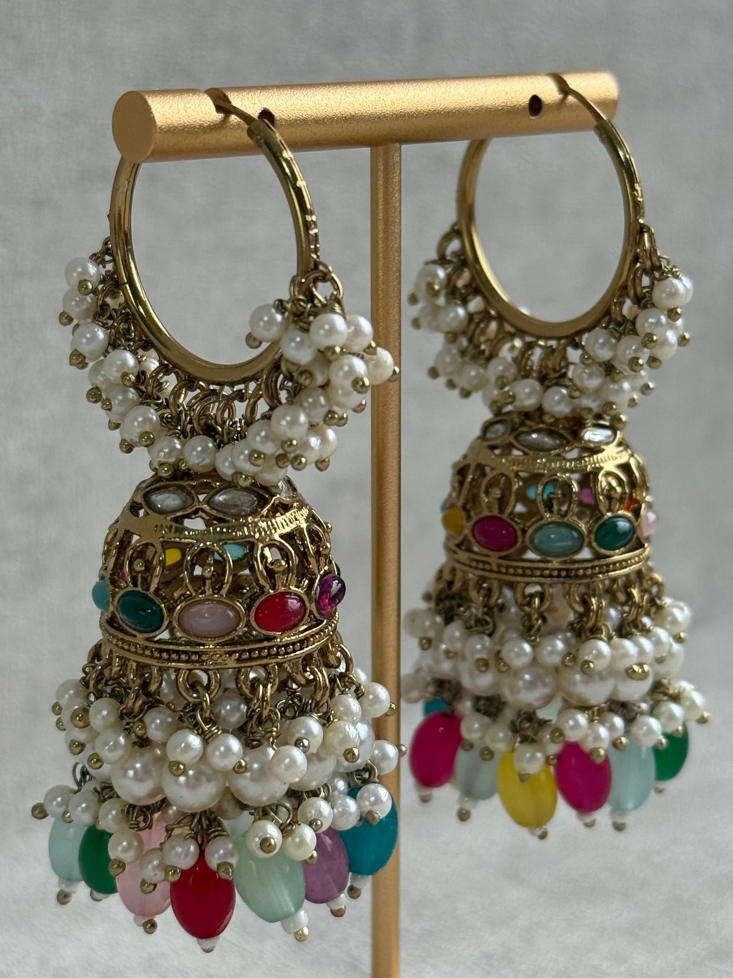 Ayura Designs Jugni Jhumkis – Antique Gold Balis with Multicolour Beads & Pearl Clusters