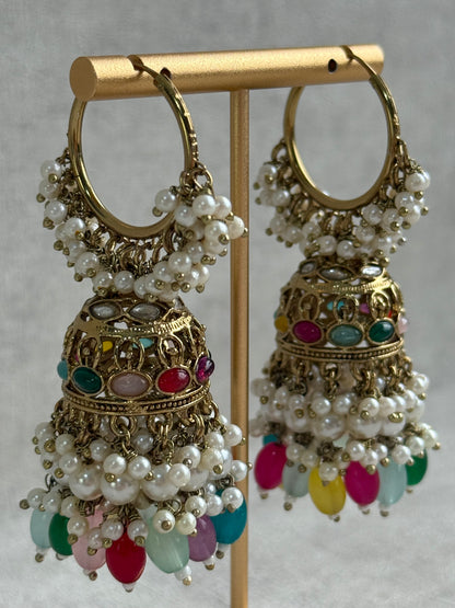 Ayura Designs Jugni Jhumkis – Antique Gold Balis with Multicolour Beads & Pearl Clusters