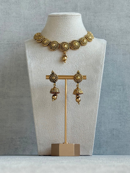 Ayura Designs Reet Set with Necklace & Jhumkis – Antique Gold with Textured Floral Motifs & Dome Drops