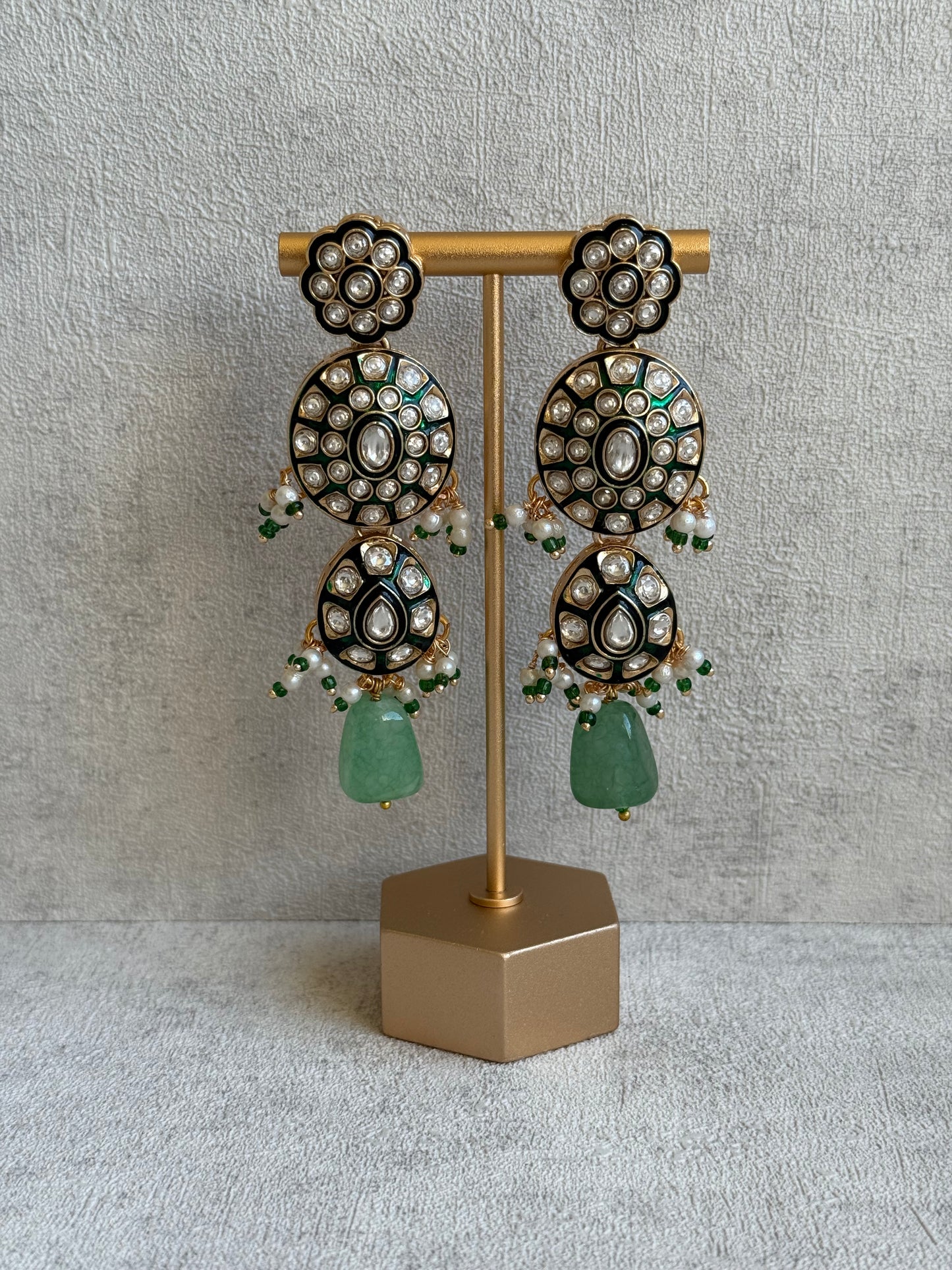 Ayura Designs Sumaira Set with Passa – Necklace, Earrings, Tikka & Passa with Kundan, Green Meenakari Detailing & Jade Green Drops