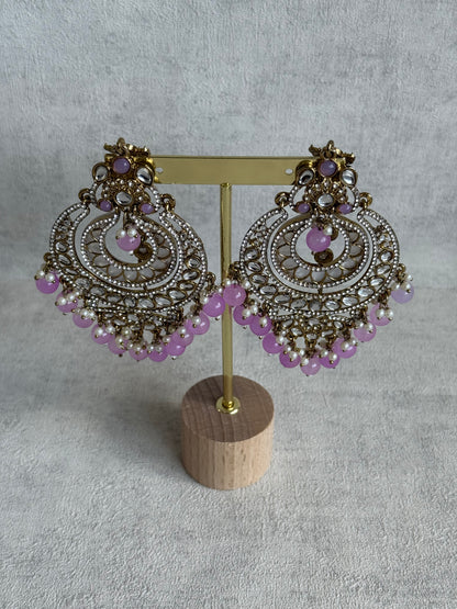 Ayura Designs Rabia Chandbalis – Antique Gold Kundan Earrings with Lilac Beads, Pearls & Attached Sahare