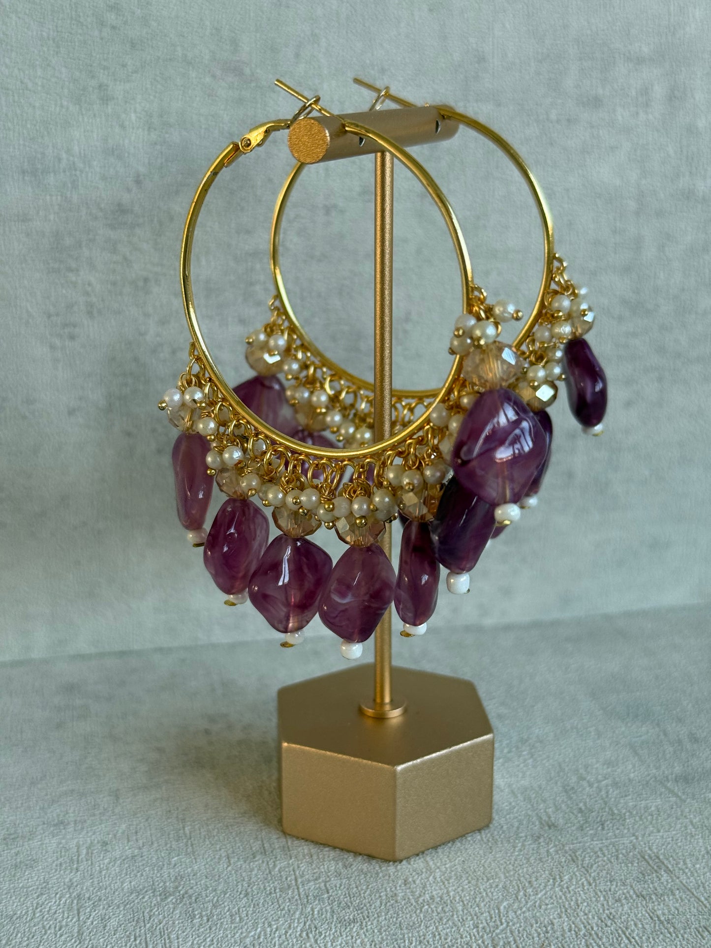 Ayura Designs Heer Balis – Gold Hoops with Amethyst Plum Marble Beads, Pearls & Crystal Detailing