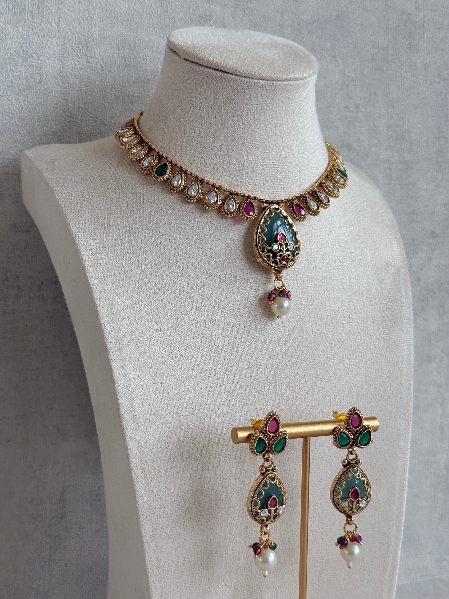 Ayura Designs Lamees Necklace Set with Earrings – Green Enamel, Emerald Green & Ruby Pink Stones with Pearl Drops