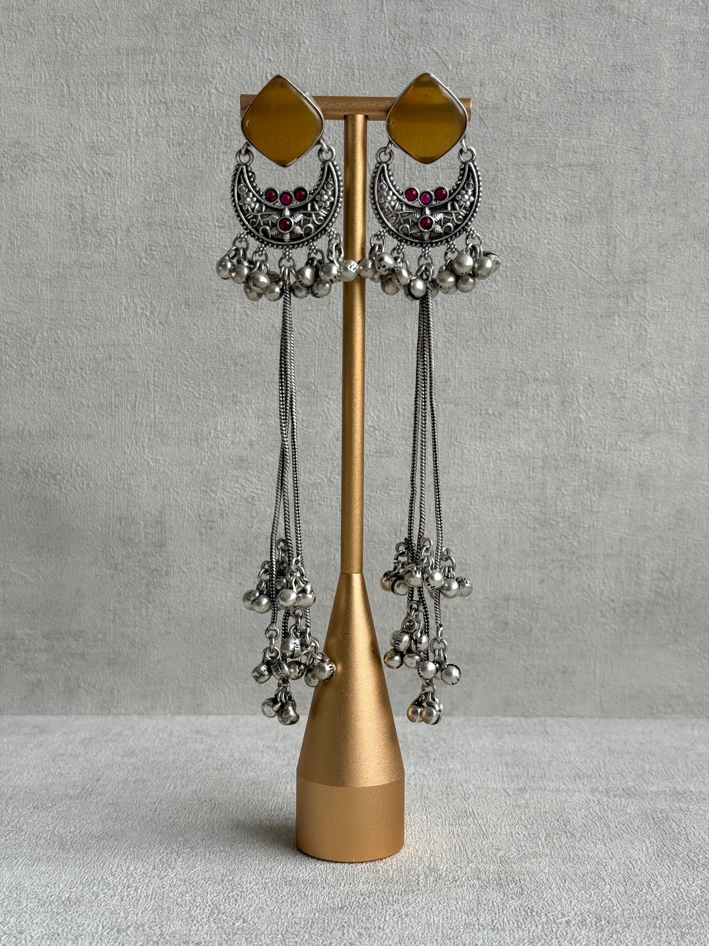 Ayura Designs Zarfa Earrings – Oxidised Earrings with Amber Stones, Hanging Ghungroo Chains & Crescent Detailing