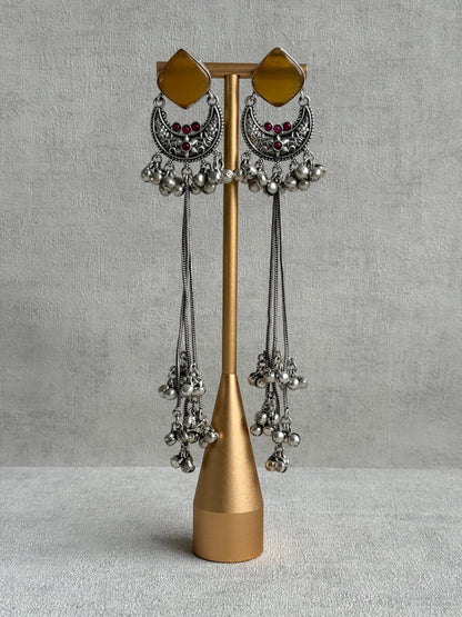 Ayura Designs Zarfa Earrings – Oxidised Earrings with Amber Stones, Hanging Ghungroo Chains & Crescent Detailing