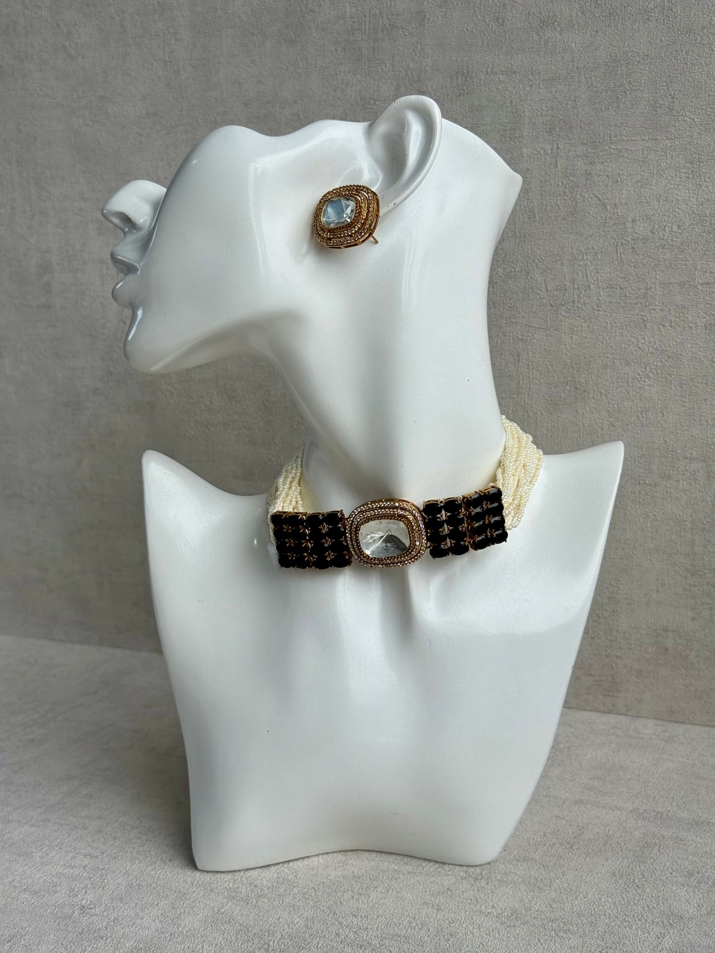 Ayura Designs Emma Choker Set – Black Gemstone Choker & Studs with Mirror-Cut Centrepiece, Pearl Strands & Crystal Borders