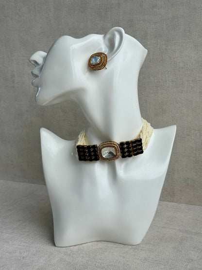 Ayura Designs Emma Choker Set – Black Gemstone Choker & Studs with Mirror-Cut Centrepiece, Pearl Strands & Crystal Borders