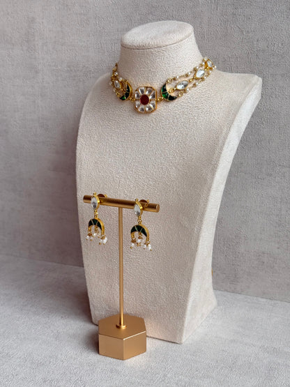 Ayura Designs Mahi Choker Set with Earrings – Meenakari Kundan Green & Pink Detailing
