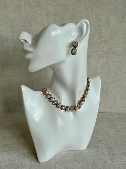 Ayura Designs Eira Set – Necklace, Earrings & Tikka with Diamond-Cut & Ivory Oval Stones in Antique Gold
