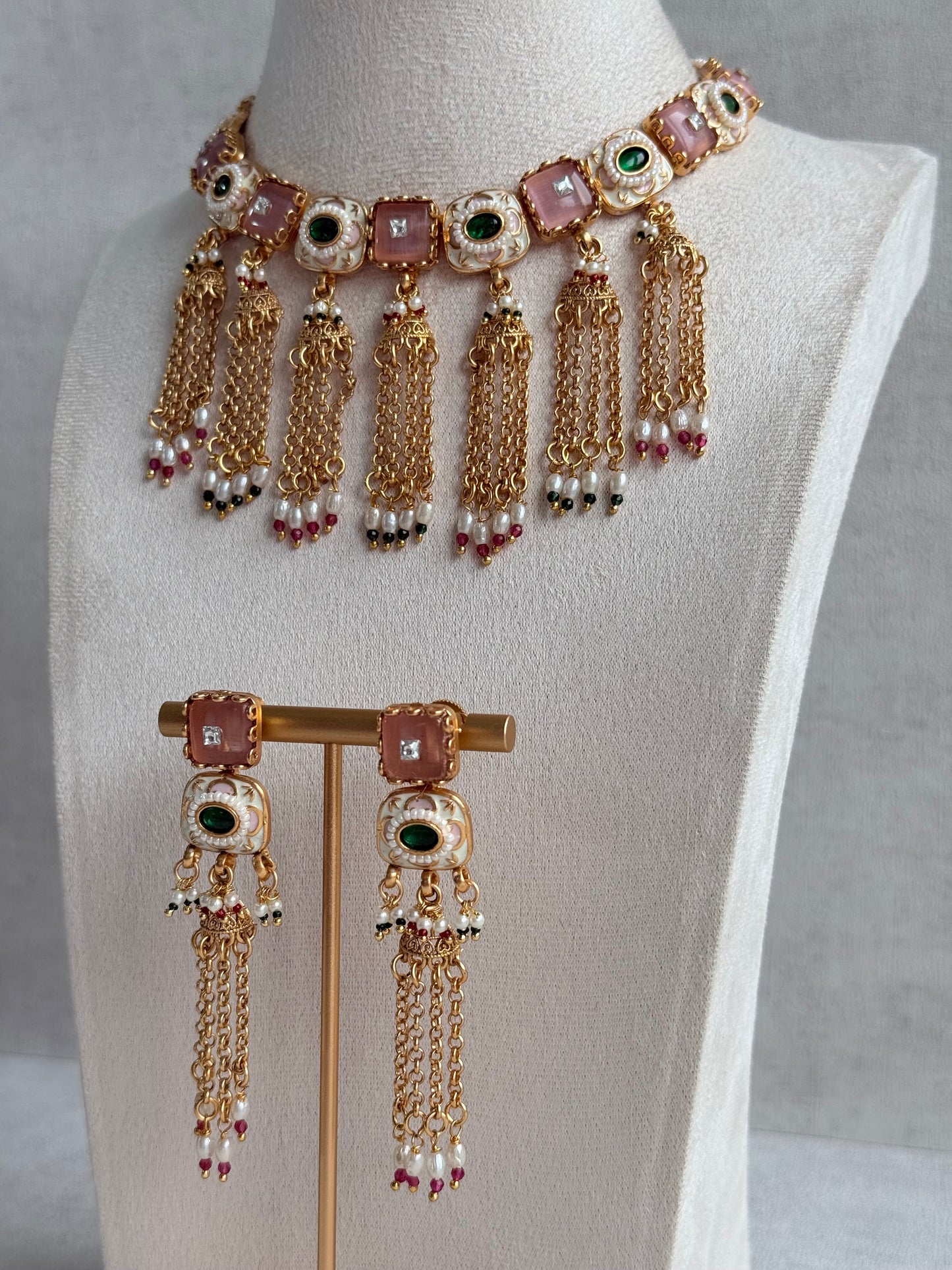 Ayura Designs Thansi Necklace Set with Earrings – Pink & Green Stones, Enamel Detailing, Chains with Pearl Drops & Gold Finish