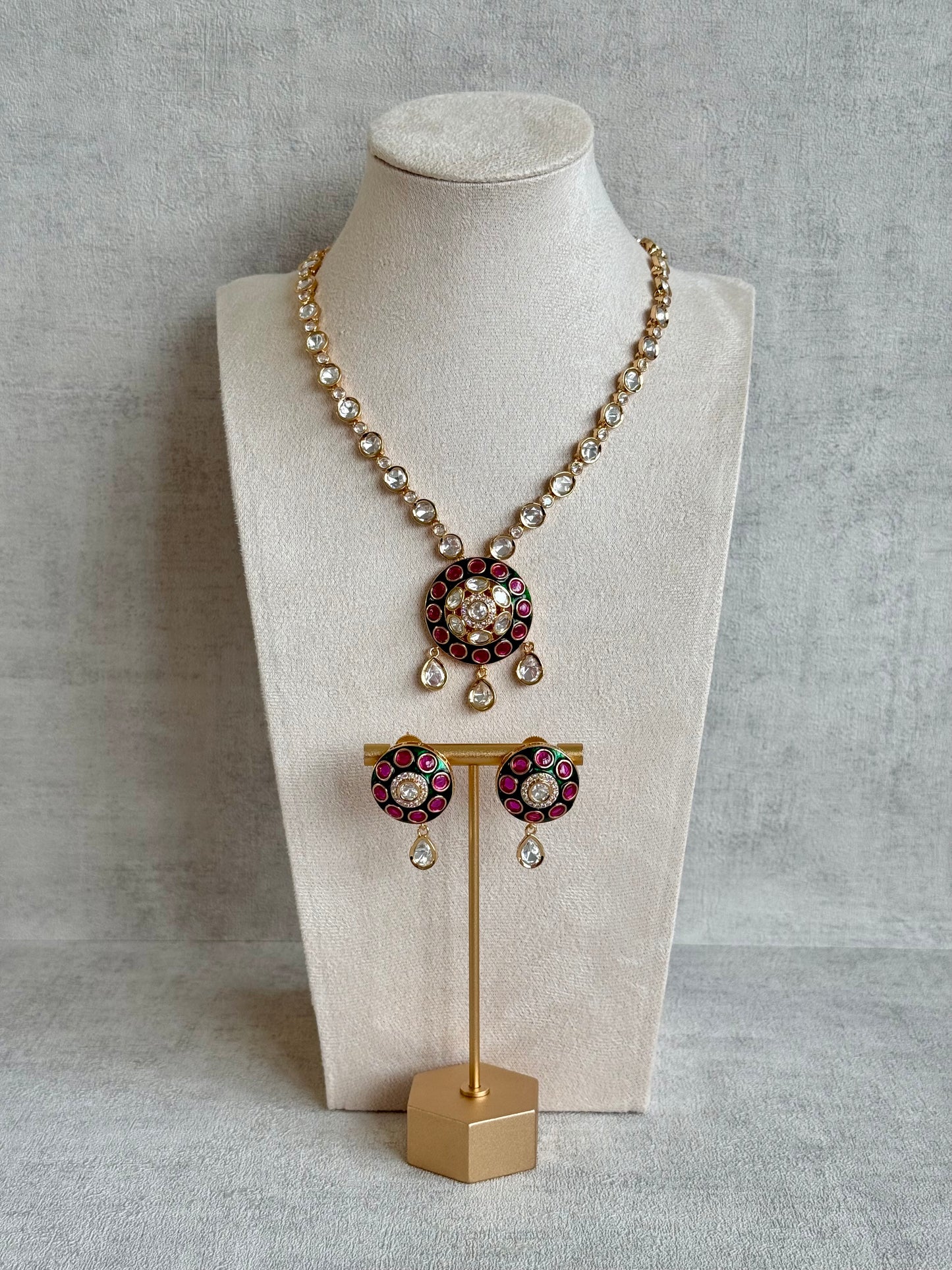 Ayura Designs Jiya Set with Earrings – Round Motif, Pink & Green Meenakari with Crystal Detailing