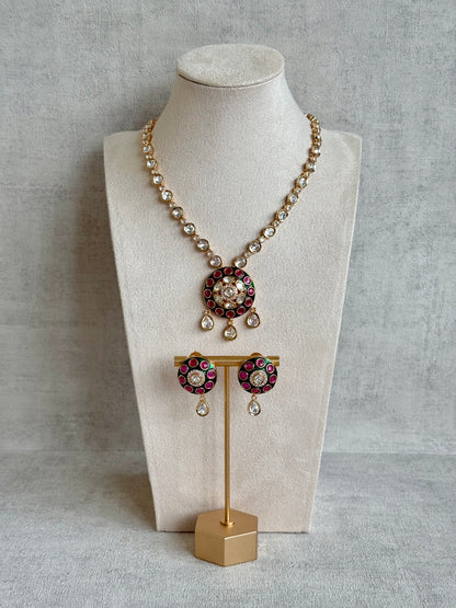 Ayura Designs Jiya Set with Earrings – Round Motif, Pink & Green Meenakari with Crystal Detailing