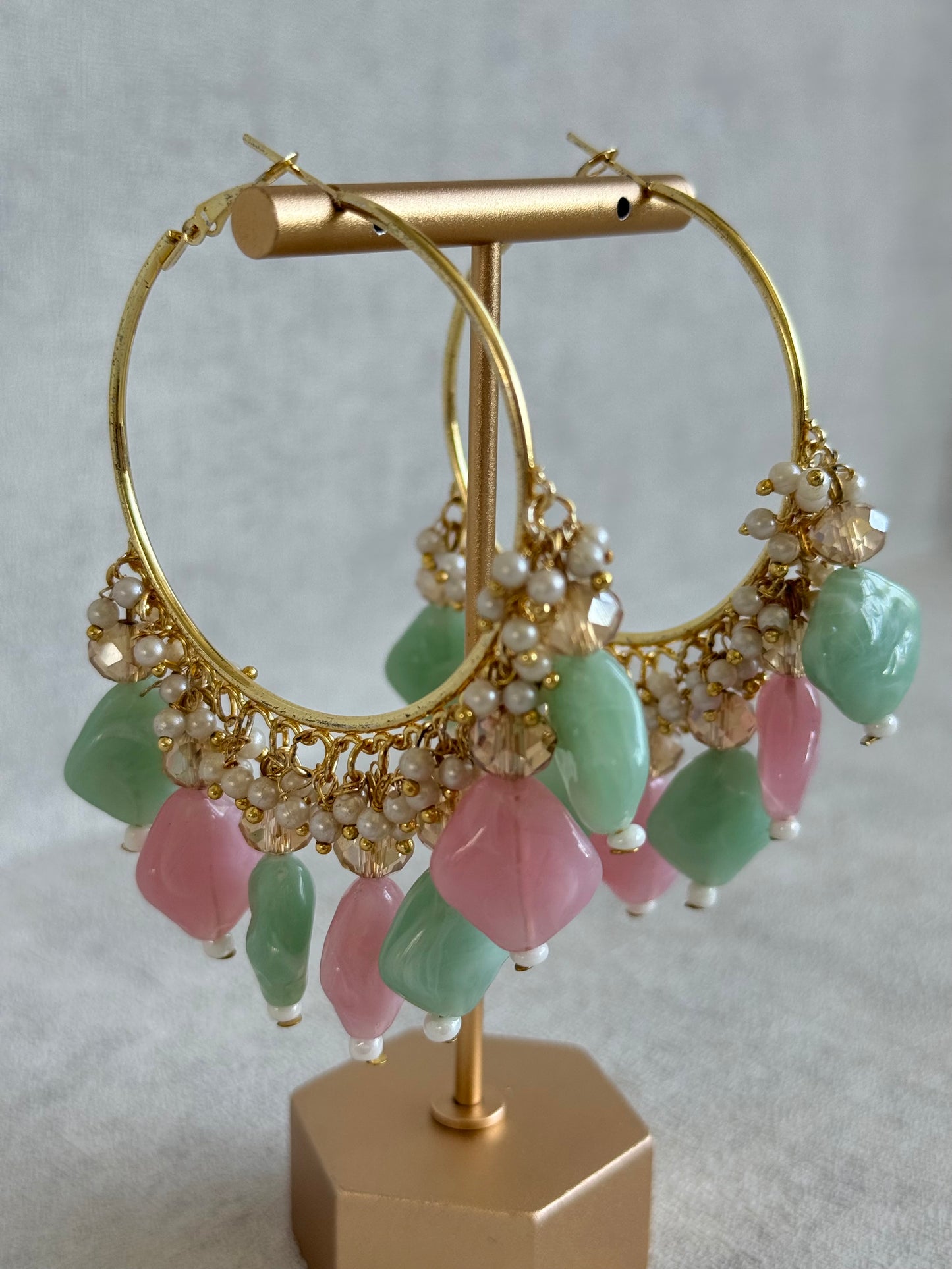 Ayura Designs Heer Balis – Gold Hoops with Mint & Blush Marble Beads, Pearls & Crystal Detailing