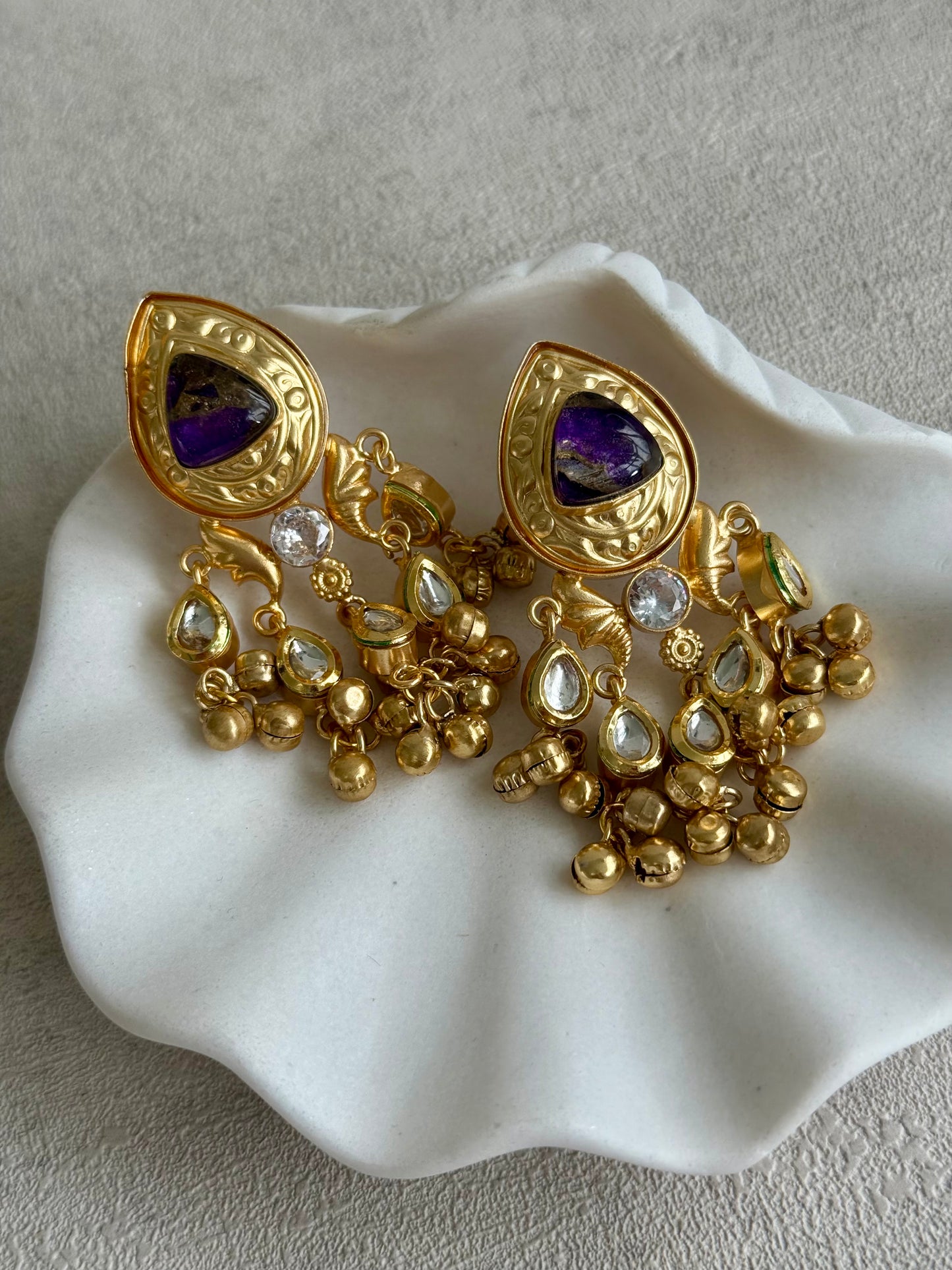 Ayura Designs Arheer Earrings – Violet Marble with Kundan Detailing & Antique Gold Ghungroos