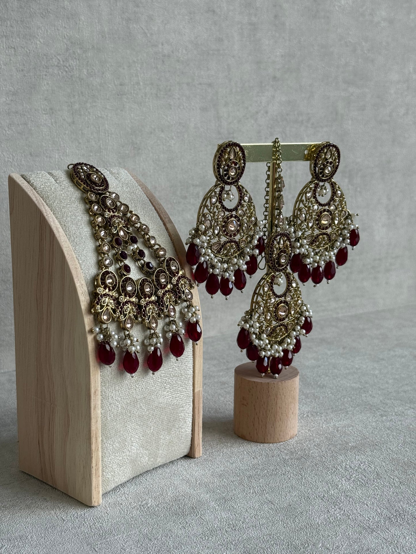 Ayura Designs Almas Tikka Set with Earrings, Tikka & Sahara – Deep Maroon Beads & Antique Gold Finish