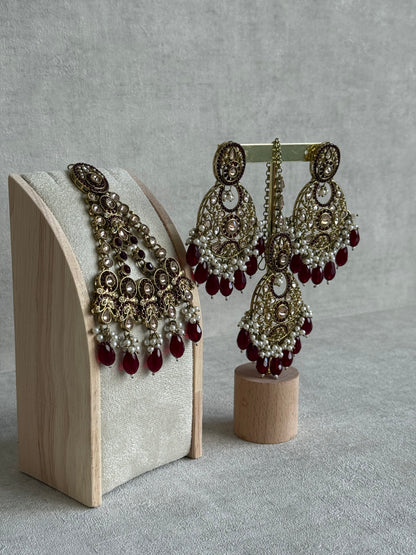 Ayura Designs Almas Tikka Set with Earrings, Tikka & Sahara – Deep Maroon Beads & Antique Gold Finish