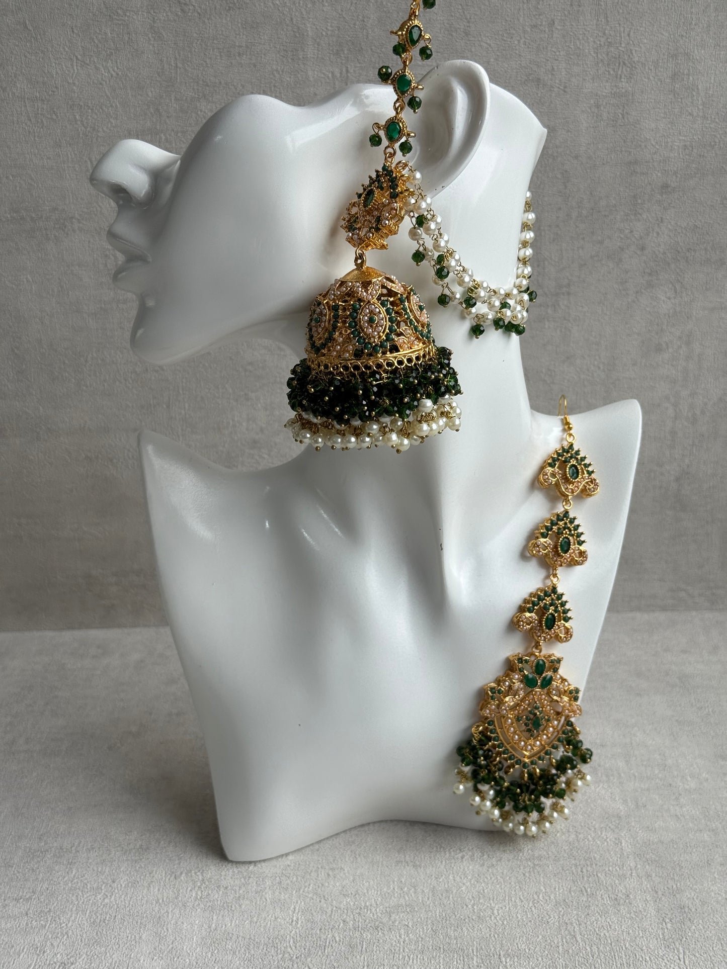 Ayura Designs Safia Tikka Set with Sahare Earrings – Emerald Green Beads & Champagne Crystals