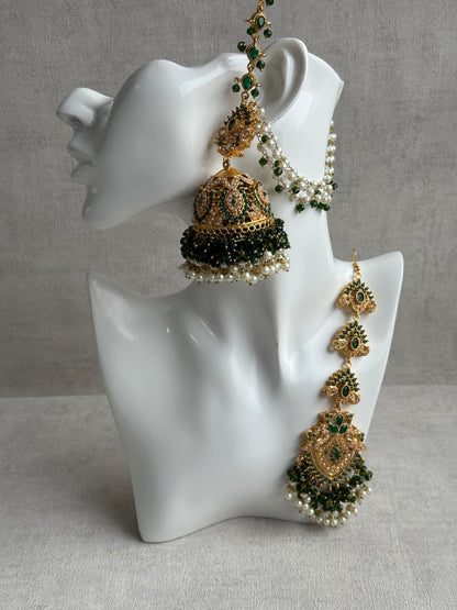 Ayura Designs Safia Tikka Set with Sahare Earrings – Emerald Green Beads & Champagne Crystals