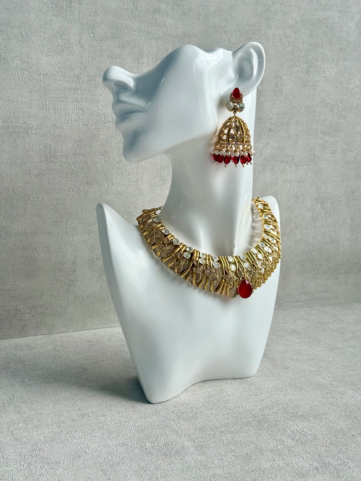 Ayura Designs Rami Collar Set with Jhumkis – Sculpted Gold Collar with Ruby Red Stone and Crystal Detailing