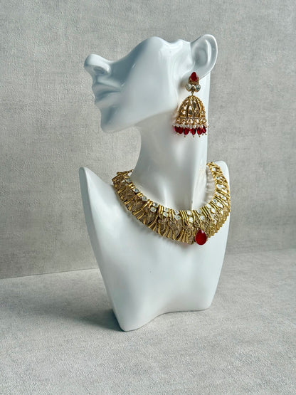 Ayura Designs Rami Collar Set with Jhumkis – Sculpted Gold Collar with Ruby Red Stone and Crystal Detailing