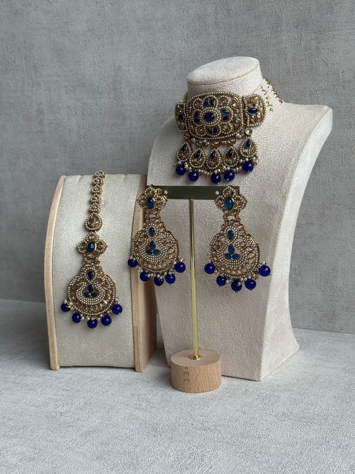 Ayura Designs Zarlish Set – Choker, Earrings & Tikka with Mirror-Cut Stones, Ink Blue Beads & Gold Finish