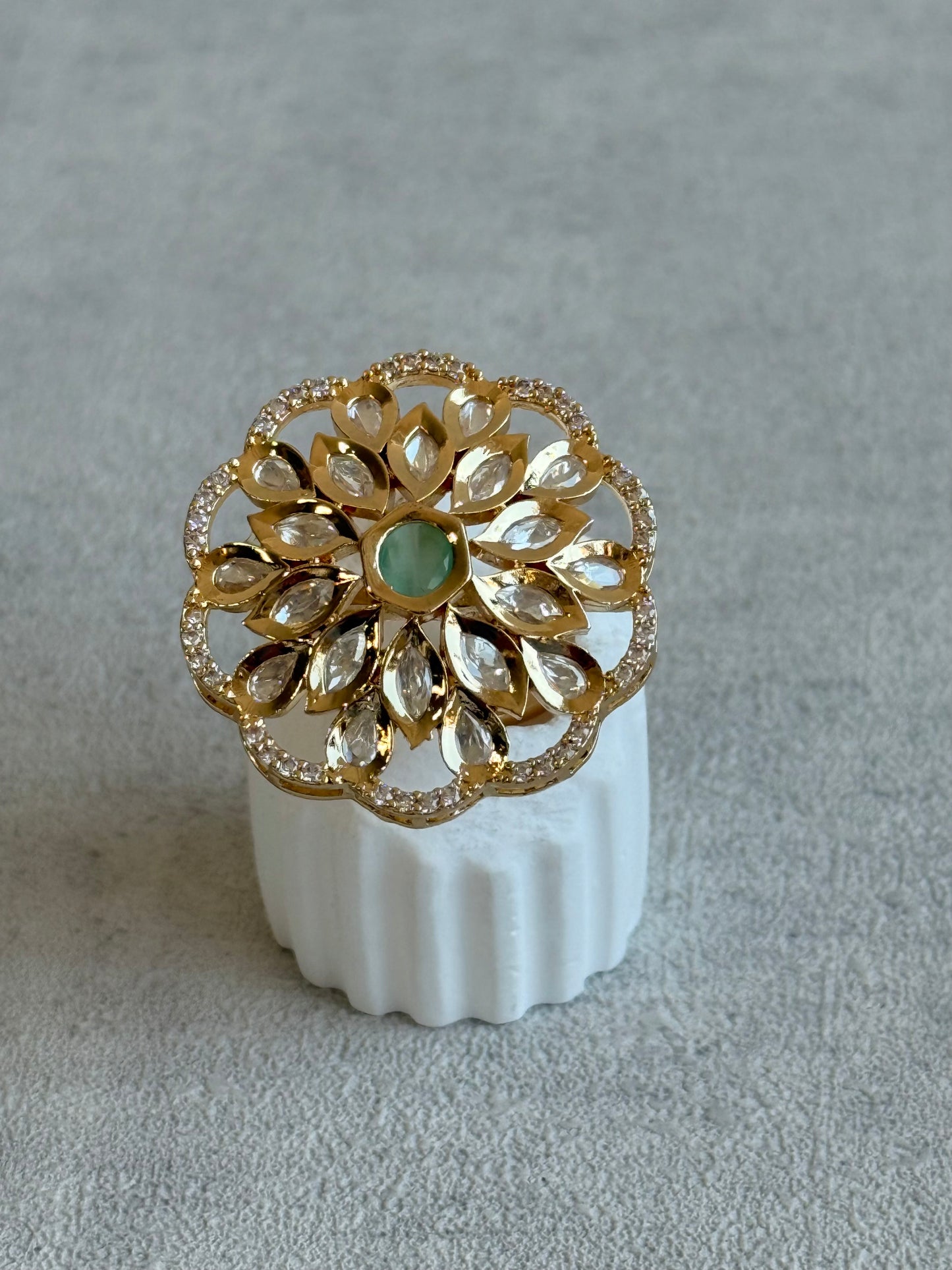 Ayura Designs Elisa Adjustable Ring – Moissanite Floral Ring with Mint Green Centre & Crystal Border