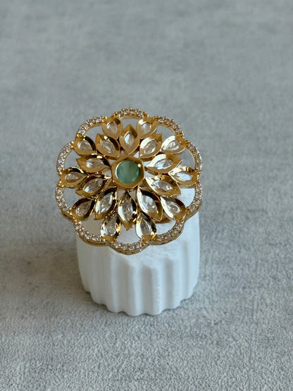 Ayura Designs Elisa Adjustable Ring – Moissanite Floral Ring with Mint Green Centre & Crystal Border