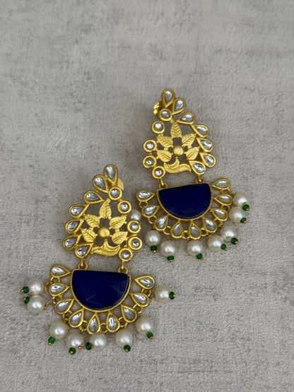 Ayura Designs Vaanya Earrings – Navy Blue Kundan & Pearl Earrings