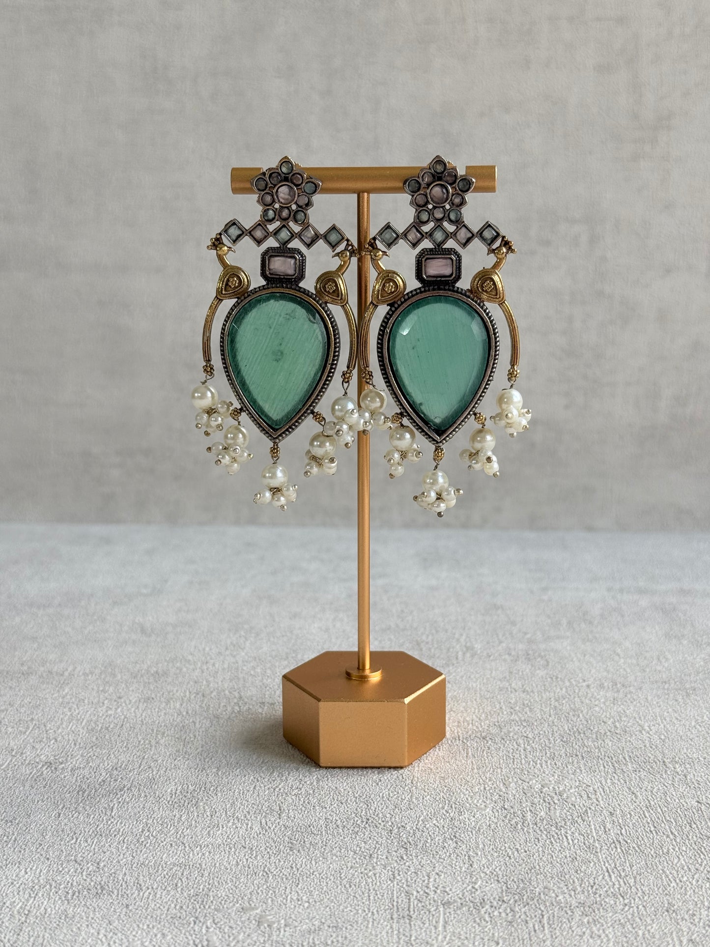 Ayura Designs Kafila Earrings – Dual Tone Oxidised Earrings with Peacock Motifs, Mint Green & Blush Pink Stones