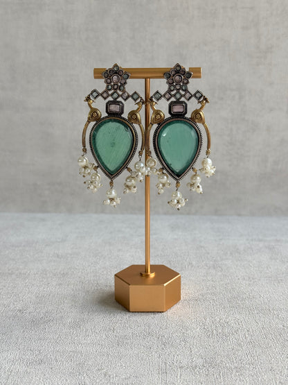 Ayura Designs Kafila Earrings – Dual Tone Oxidised Earrings with Peacock Motifs, Mint Green & Blush Pink Stones