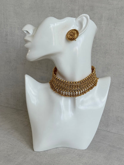 Ayura Designs Tavnoor Choker Set with Stud Earrings – Antique Gold Statement Choker with Traditional Bead Detailing