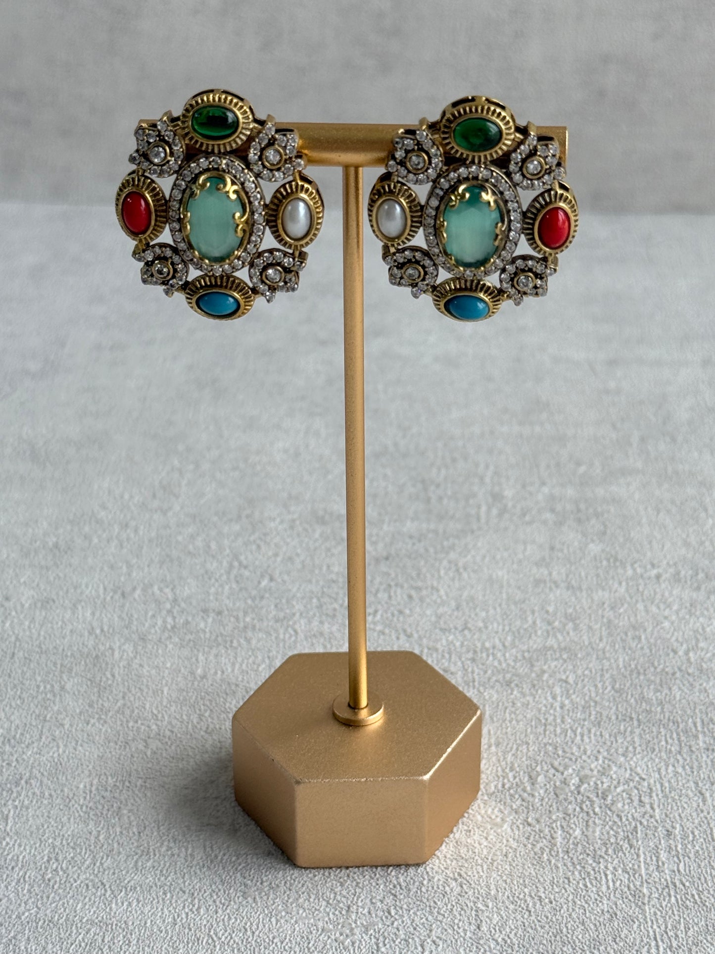 Ayura Designs Celia Stud Earrings – Sea Green & Multicolour Stones with Gold Finish