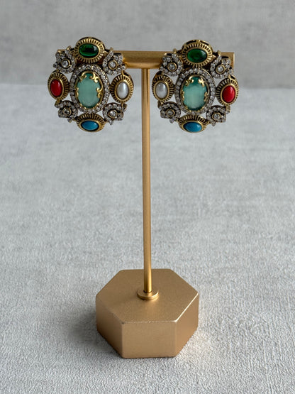 Ayura Designs Celia Stud Earrings – Sea Green & Multicolour Stones with Gold Finish